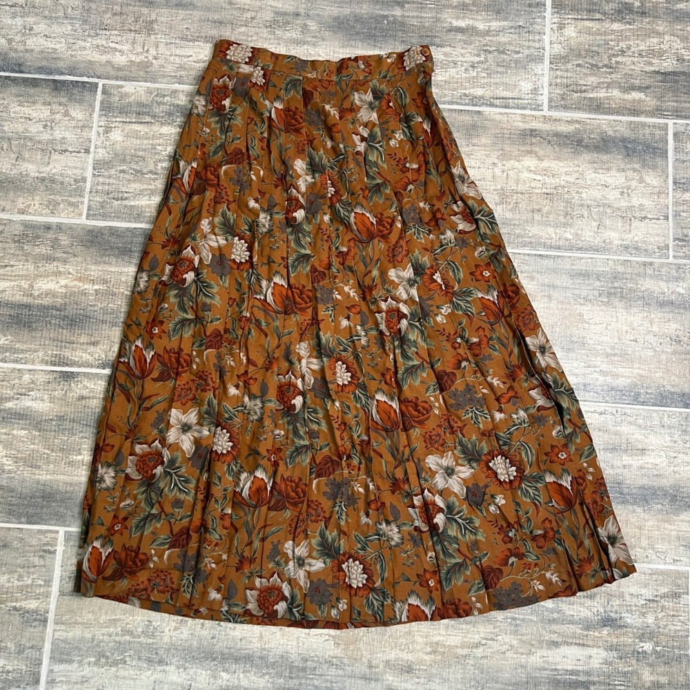 Brooks Brothers Pleated Skirt Brown Floral Rayon Wool Blend Midi USA
